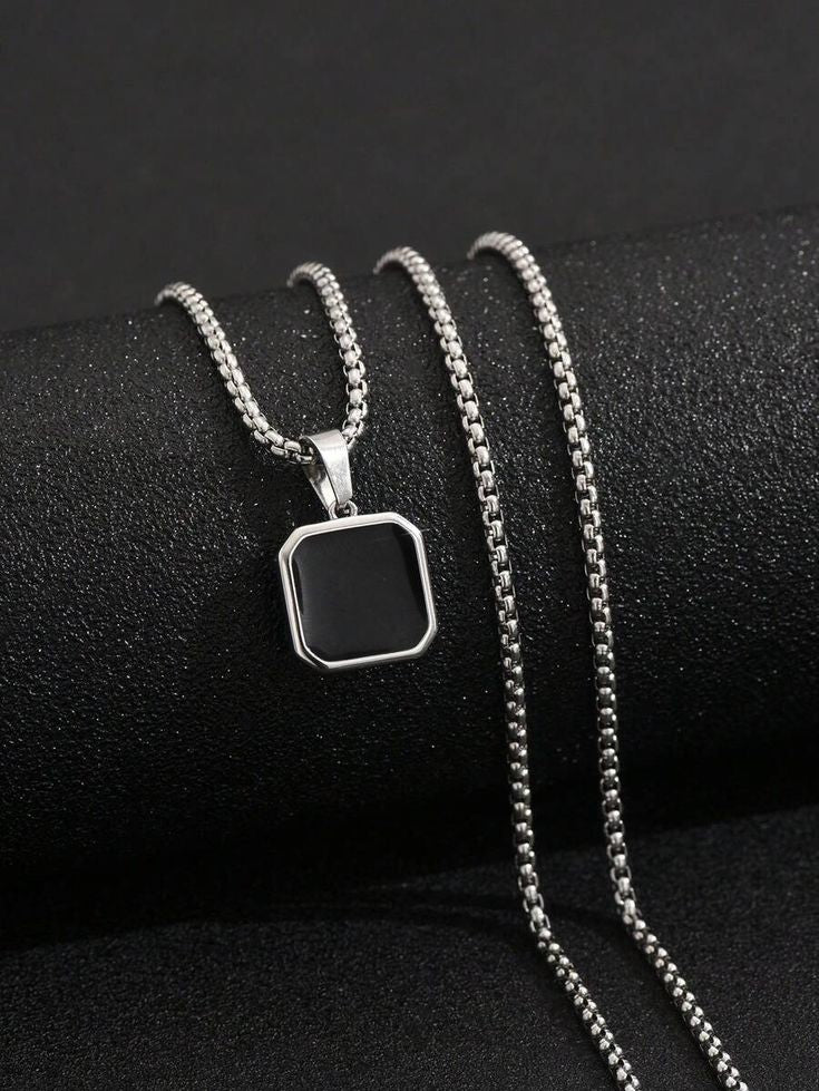 Men's Black Onyx Box Pendant Necklace – Stainless Steel Cuban Chain