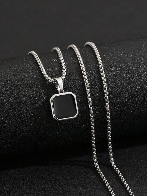 Men's Black Onyx Box Pendant Necklace – Stainless Steel Cuban Chain