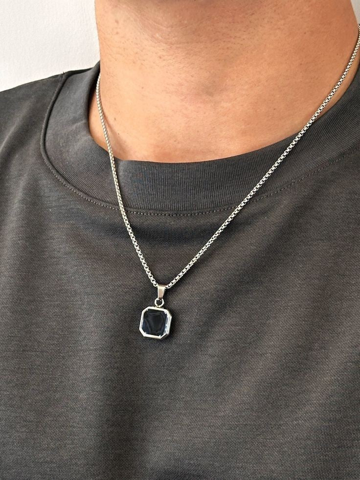 Men's Black Onyx Box Pendant Necklace – Stainless Steel Cuban Chain